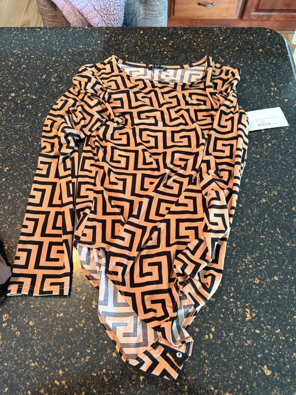 BLVD Black and Tan Geometric Long Sleeve Bodysuit